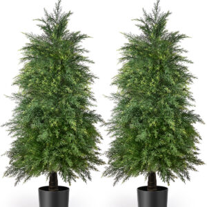 2 Pack 4ft Artificial Cedar Topiary Trees, Outdoor Artificial Plants for Front Porch Décor, Artificial Shrubs Fake Plants Uv Rated Potted Plants for Outdoor, Indoor, Front Door, Office